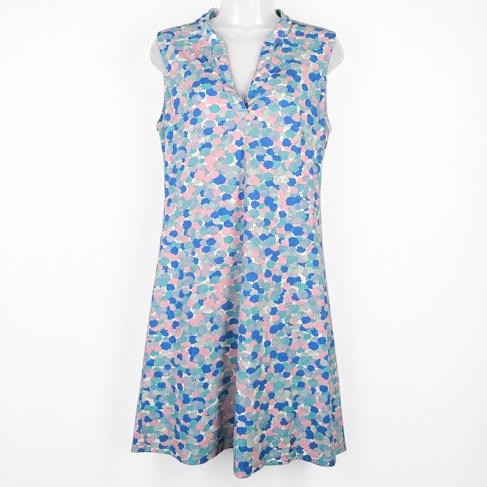 Mahi Gold Dress M Blue Pink Seashell‎ AOP Sleeveless Midi Coastal Resort Golf